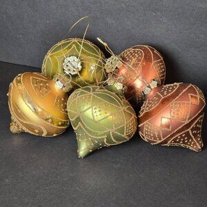 Set Of 5 Gold Green Copper Glass Christmas Ornaments Teardrop Finial 3.5 Inch